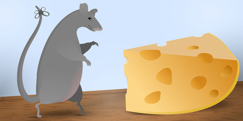 The big gray rat found a huge piece of cheese. The mouse goes on its hind legs to a piece of cheese with large holes on a wooden board. Vector illustration in flat style.