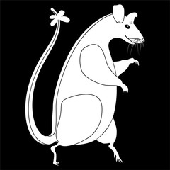 A large rat with a bow on its tail goes on its hind legs. Vector image of a rat silhouette on a black background. For design on the topic of small rodents.