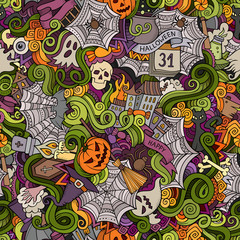 Cartoon cute doodles hand drawn Halloween seamless pattern