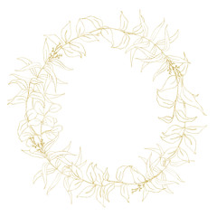Watercolor golden eucalyptus wreath. Hand painted floral circle border with branches and leaves isolated on white background. For design, print and fabric.