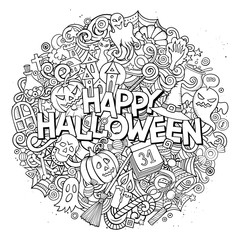 Cartoon cute doodles Halloween inscription. Funny artwork