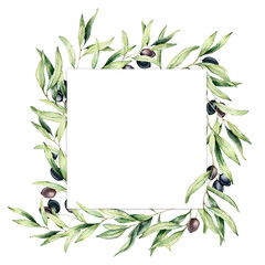 Watercolor border with green and black olive berries. Hand painted botanical card with olives branch isolated on white background. Floral illustration for design, print, fabric or background.