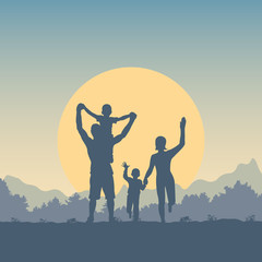 Happy young family outdoors. Dad, mom and two boys on a background of a sun, forest and mountain landscape. A day in the nature. Silhouettes of people - parents and children. Flat vector illustration.