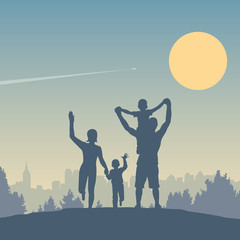 Fototapeta na wymiar Happy young family outdoors. Father, mother and two boys on a background of a sun, forest and city landscape. A day out of town. Silhouettes of people - parents and children. Flat vector illustration.