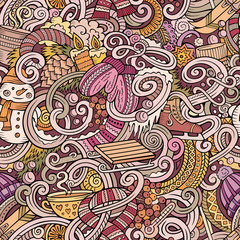 Cartoon doodles Winter season seamless pattern. Endless illustration.