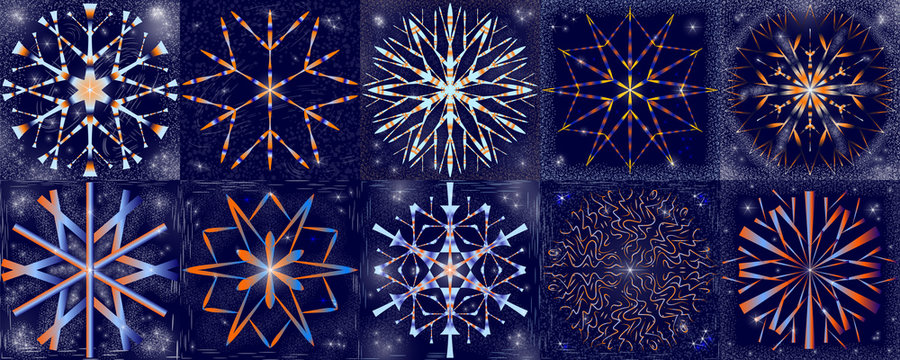 10 multicolored snowflakes in the style of hand-drawing with gradient shading on the background of the night sky with bright stars and snowstorm. Set of vector illustrations on the theme of winter, sp