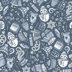 Cartoon cute hand drawn Winter season seamless pattern