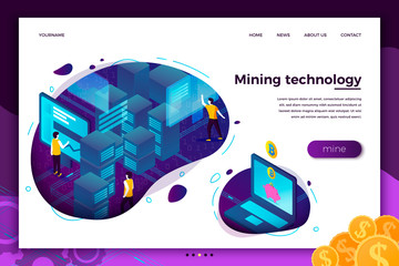 Vector concept illustration -  cryptocurrency mining process, people making money. Modern bright banner, site template with place for your text.