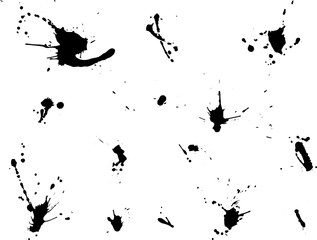ink blot collection, big set of isolated spots, black drops on white background.