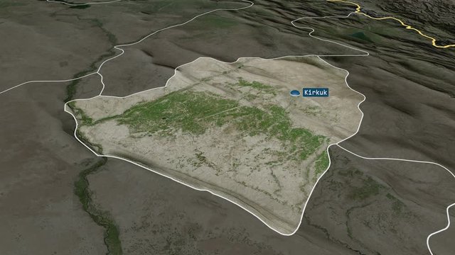 At-Ta'mim - province of Iraq with its capital zoomed on the satellite map of the globe. Animation 3D