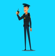 Guardian with Walky Talky Cartoon Character. Bodyguard on Mission. Policeman wearing Cap and Bulletproof Vest Clipart. Guardian Isolated vector Drawing.