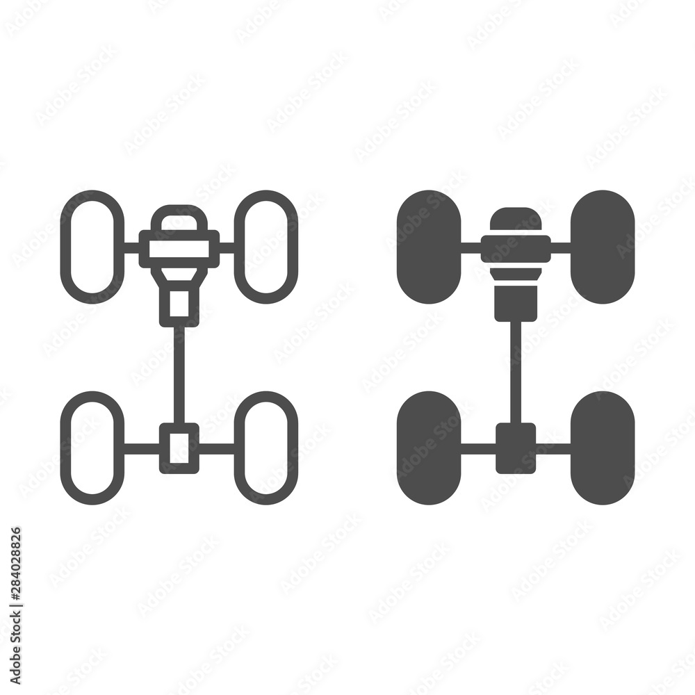 Poster chassis car line and glyph icon. automobile wheels mechanism vector illustration isolated on white. 