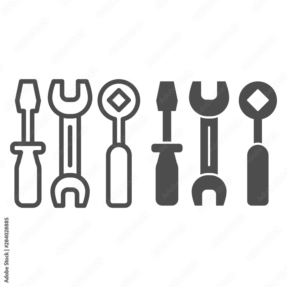 Poster screwdriver, spanner and wrench line and glyph icon. tools vector illustration isolated on white. au