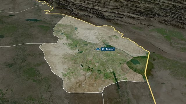 Maysan - province of Iraq with its capital zoomed on the satellite map of the globe. Animation 3D