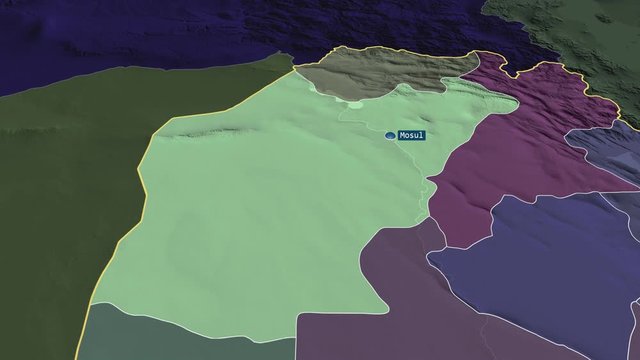 Ninawa - province of Iraq with its capital zoomed on the administrative map of the globe. Animation 3D