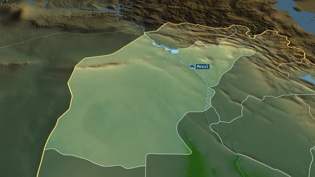 Ninawa - province of Iraq with its capital zoomed on the physical map of the globe. Animation 3D