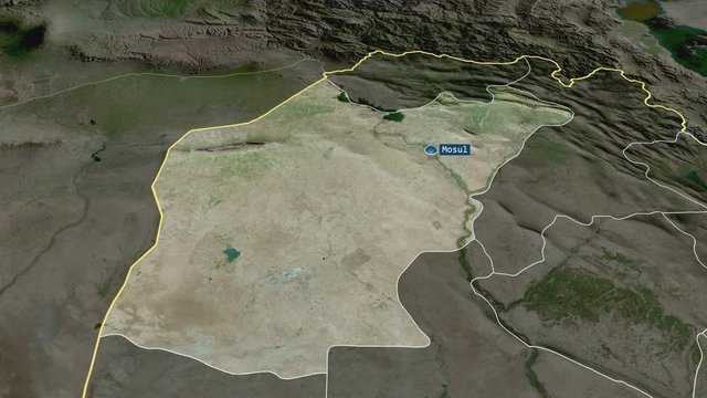 Ninawa - province of Iraq with its capital zoomed on the satellite map of the globe. Animation 3D