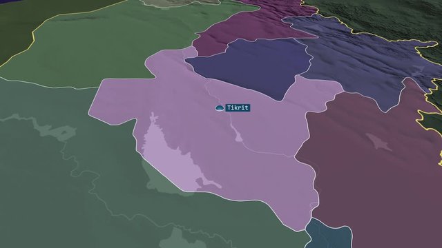 Sala ad-Din - province of Iraq with its capital zoomed on the administrative map of the globe. Animation 3D