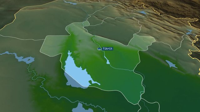 Sala ad-Din - province of Iraq with its capital zoomed on the physical map of the globe. Animation 3D