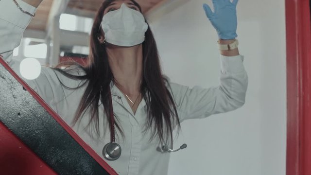 Two medical workers in panic. Dangerous virus. Zombie Apocalypse. Panic concept.