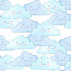 Watercolor clouds seamless pattern. Watercolor background.