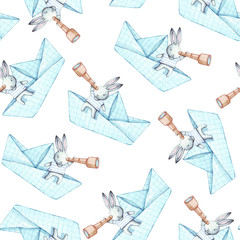 Bunnies sailors. Watercolor seamless pattern.Hand drawing illustration with sea elements. T-shirt boy and girl design, kids and sea party design. Textile and wrapping paper design. White background.