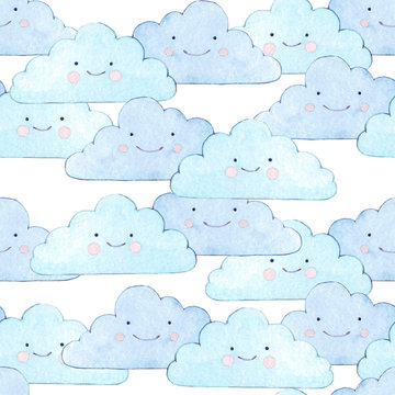 Watercolor clouds seamless pattern. Watercolor background.