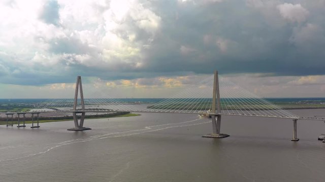 Aerial establishing video of the Arthur Ravenel Bridge South Carolina USA