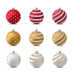 Christmas and New Year tree decoration. Realistic 3d bauble balls with glitter shiny pattern. Vector design elements.