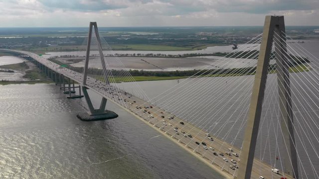 Cars in motion on the Arthur Ravenel Jr Bridge aerial drone footage