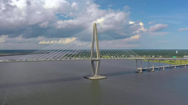 Steel cables on suspension bridge aerial drone video