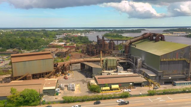 Aerial footage of an industrial steel mill plant