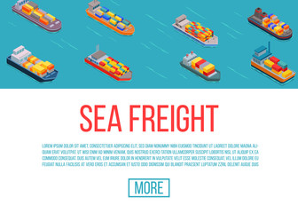 Freight ships, shipping, delivery sea transport on a blue background vector illustration. Delivery sea truck service. Cartoon freight ships web site template.