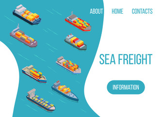 Sea freight logistics vector illustration. Ship, freight, loading with truck, ocean and sea container, delivery truck. Seaport transport logistics. Cargo sea banner.