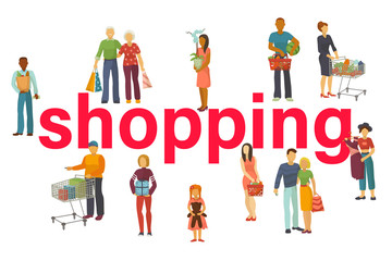People buy with shopping bags with purchases vector illustration. Old and young couples and kids taking part in seasonal sale at store, shop, mall. Cartoon characters shoppers.