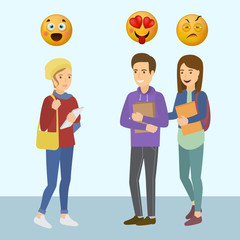 Smiling teenager girls and boy with smiley emoticons vector illustration.Teens speaking and expressing emotions of love, sadness and astonishment with emojii. Social concept.