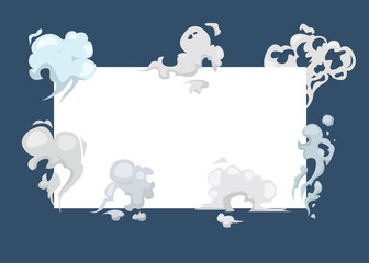Smoke, clouds, fog and steam cartoon frame, vector illustration. White and grey smoke around white frame for text on blue background.