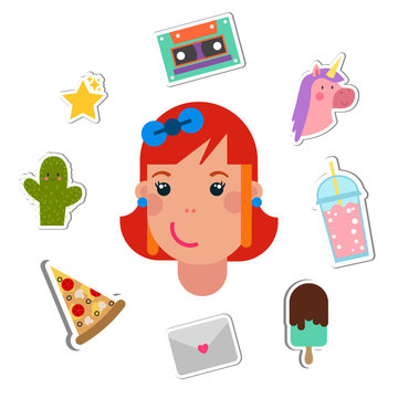 Vector Patch Badges With Cute Girl Head Smiling Vector Illustration. Stickers, Pins, Emoji In Cartoon 80s-90s Comics Style. Set Of Patch Badges With Unicorn, Cactus, Pitzza And Ice Cream.