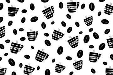 Fototapeta na wymiar Black and white illustrated seamless texture. Black silhouettes of cups of coffee with coffee beans on black background.
