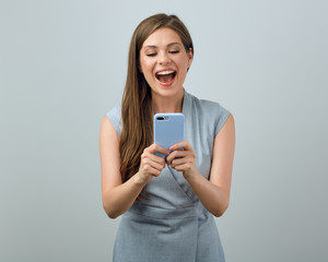 Woman using smart phone isolated