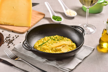 Traditional Italian pasta on black rustic pan