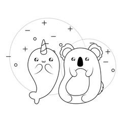 cute narwhal with koala baby animals kawaii style