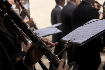 Detail of some musicians who are playing during a celebration
