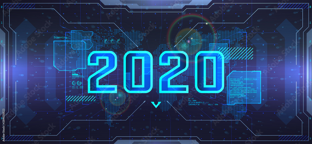 Aufkleber new 2020 year, futuristic technology banner. digital data visualization, business technology concept