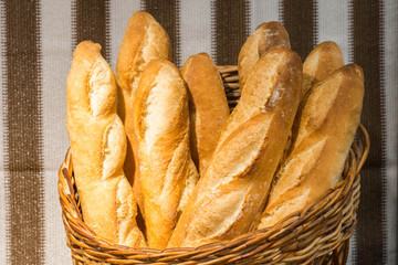 bunch of French bread in a basket. 