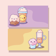 set of cupcakes and beverages coffee kawaii style