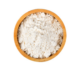 Fototapeta na wymiar wheat flour in wood bowl on white background