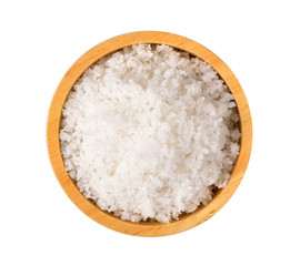 Fototapeta na wymiar Salt in wood bowl on white background