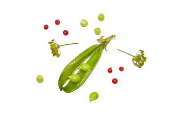green pea pods and peas and dill selective focus white background