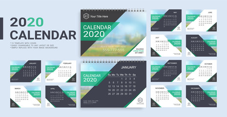 Desk Calendar 2020 template, 12 months and 13 template with cover included in A5 but easily to changeable to any layout or size and simply replace with your image background.